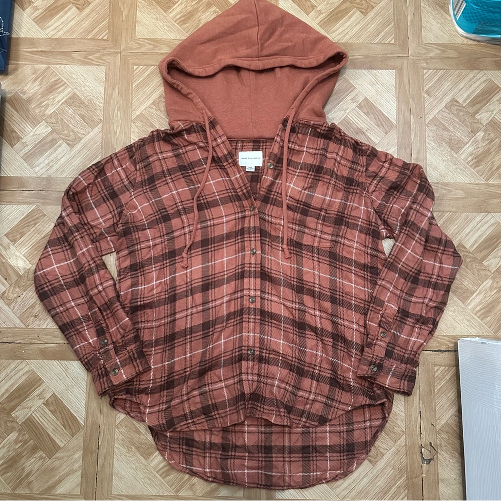 American Eagle Oversized Plaid Hooded Flannel Shirt